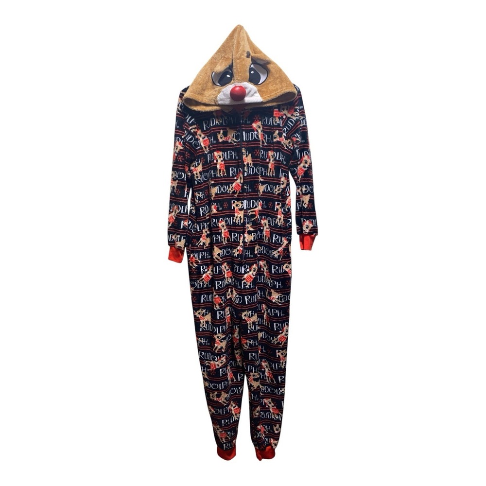 Rudolph Red Nosed Reindeer Pajama One Piece Women L 12-14 Hooded Christmas Plush